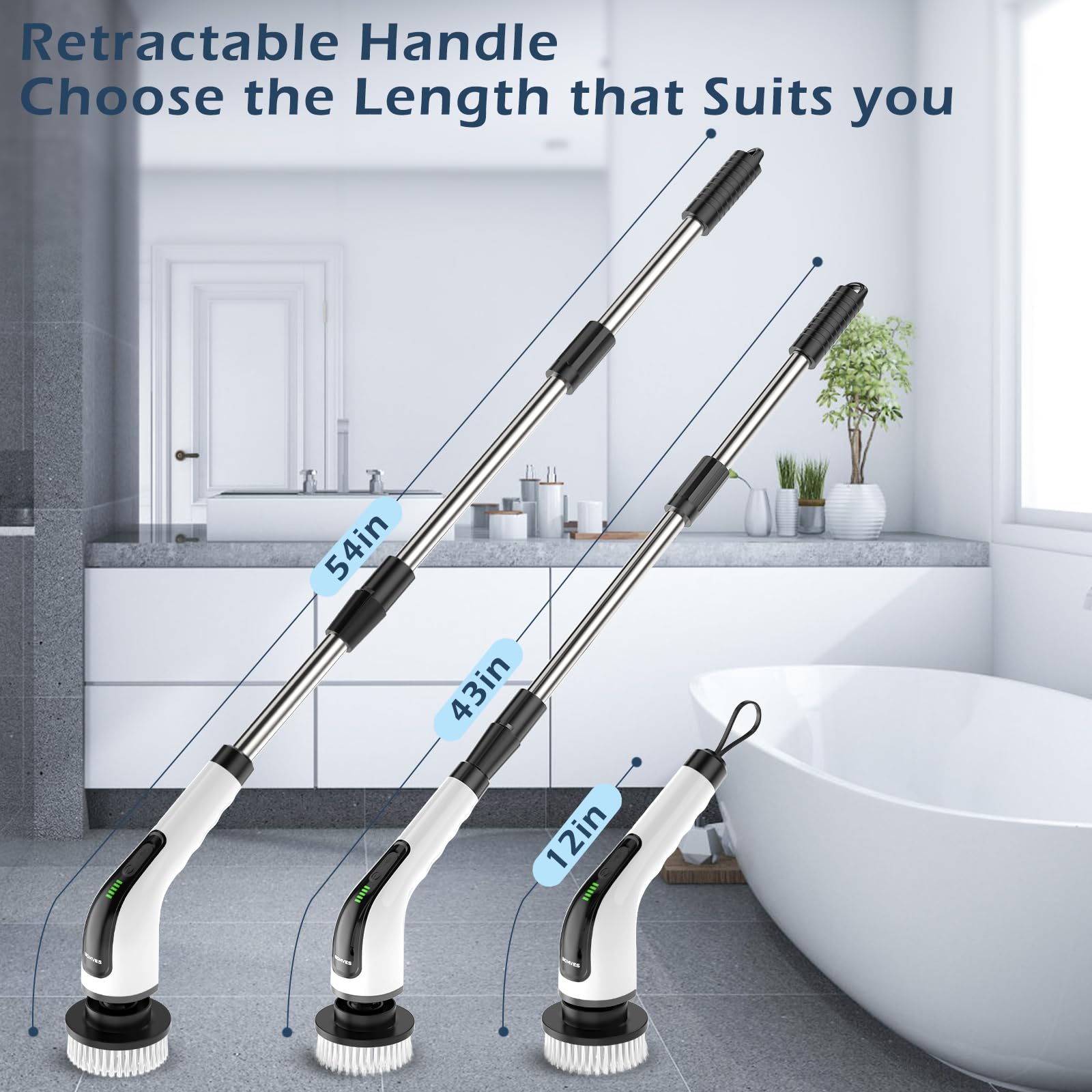 Extendable FlexClean spin scrubber in three handle configurations