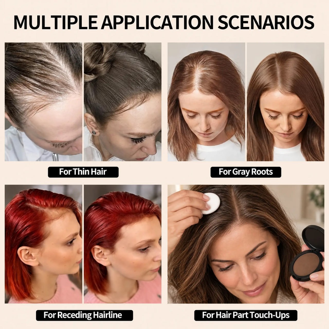 Root Veil application for hairline, grey roots and part line