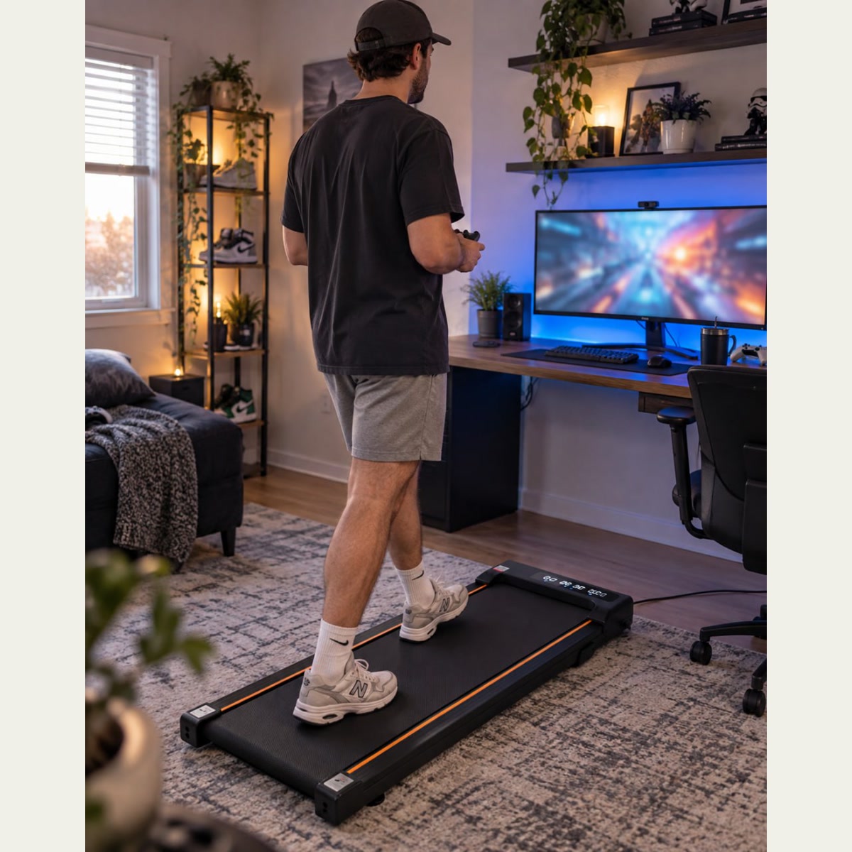 Man walking on StepFlow while enjoying an evening at home