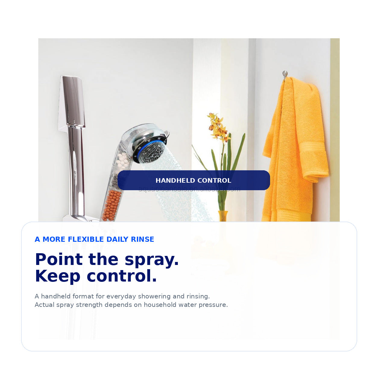 AquaFlow handheld shower head in a bathroom