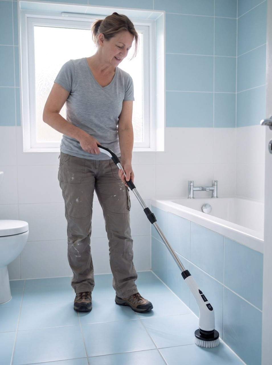 Woman using ZAVERONA FlexClean at full extension on a bathroom floor
