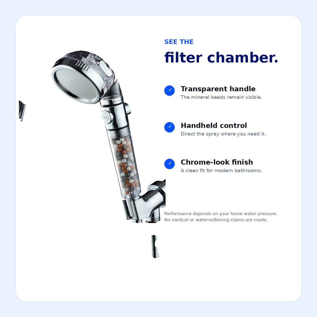 AquaFlow transparent mineral-bead filter chamber and handheld design