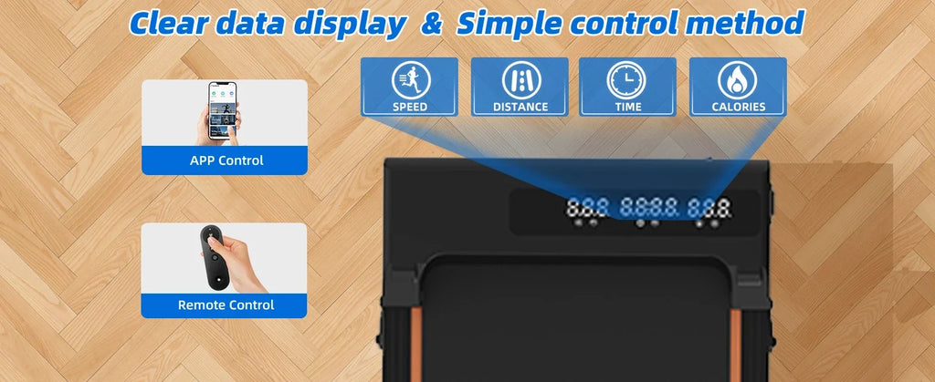 Walking pad LED metrics with app and remote controls