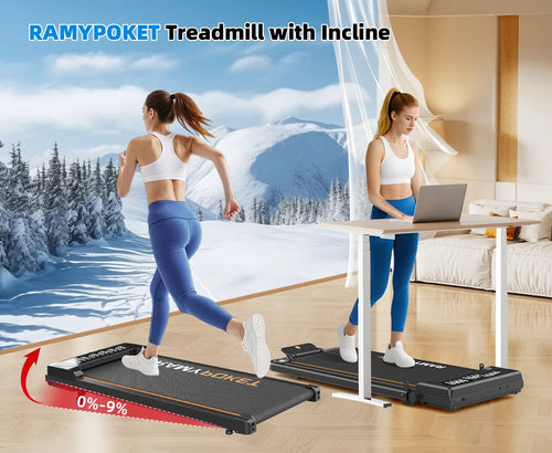 RAMYPOKET walking pad shown flat and at its 9 percent manual incline