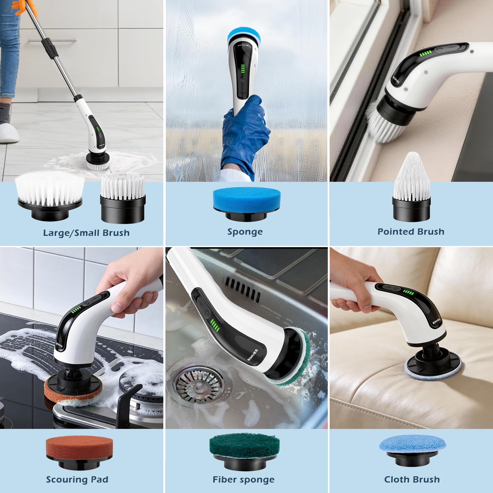 Different FlexClean heads shown for floors, corners and suitable surfaces