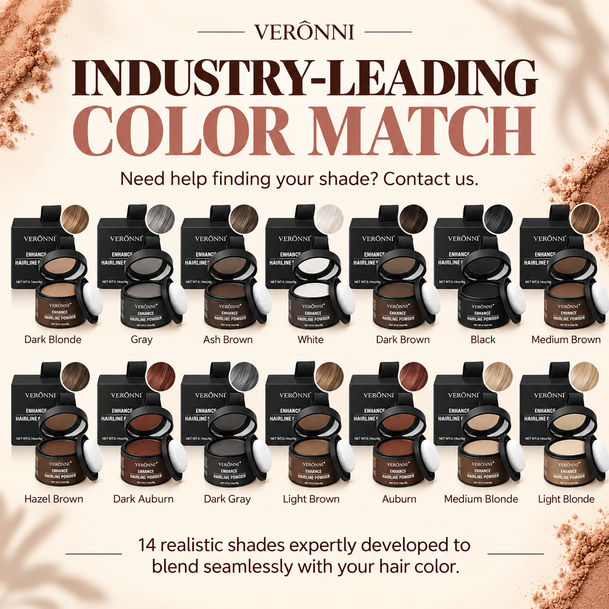 Root Veil hairline powder shade guide with fourteen colour options