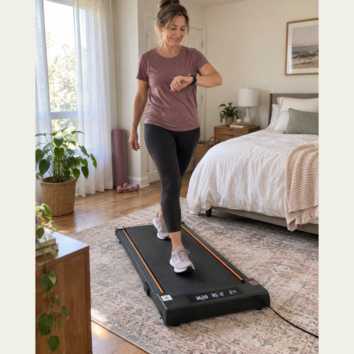 Woman walking on StepFlow in a bright bedroom