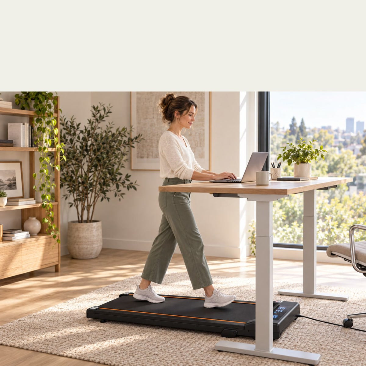 Woman walking on StepFlow while working at a standing desk