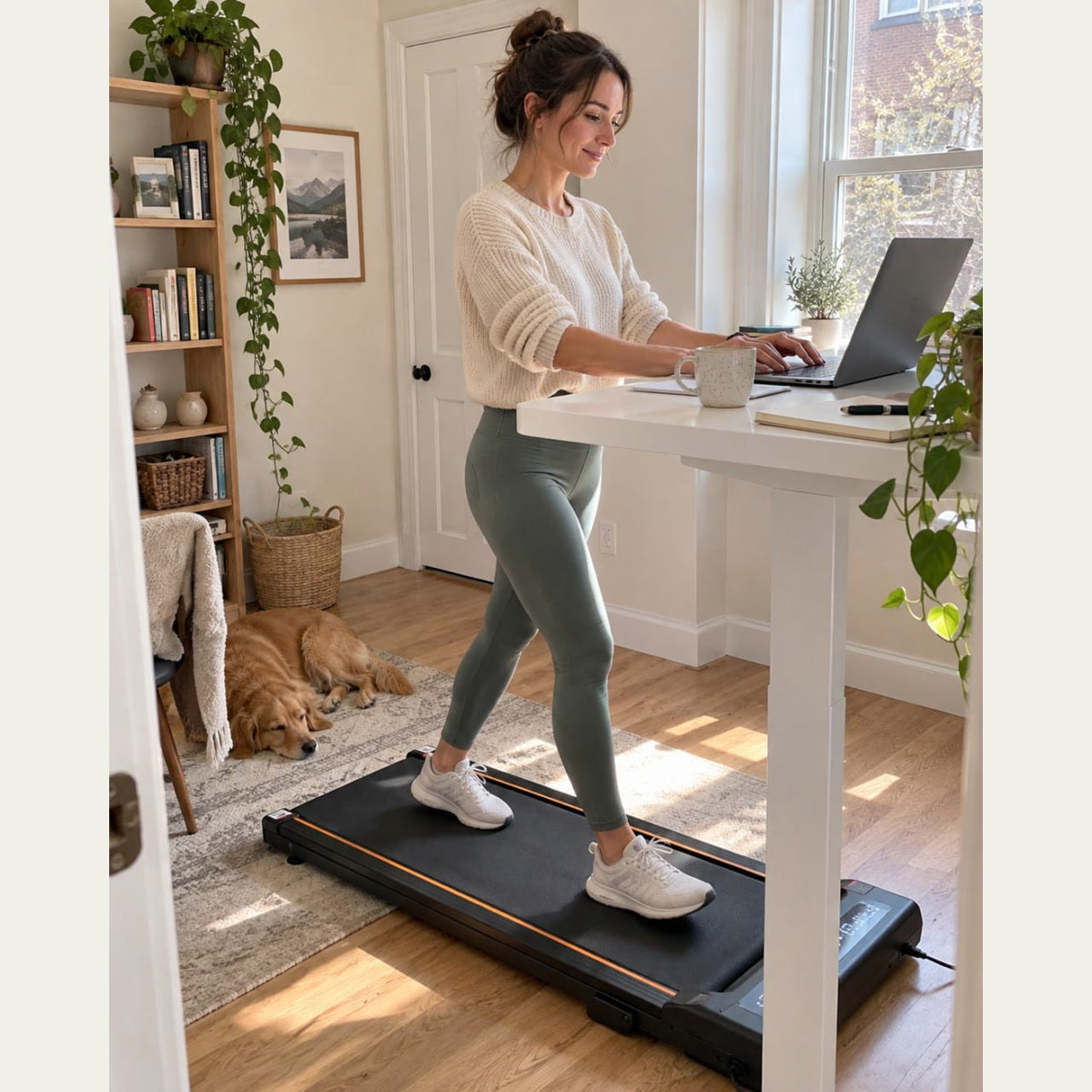 Woman using StepFlow while working at a standing desk at home