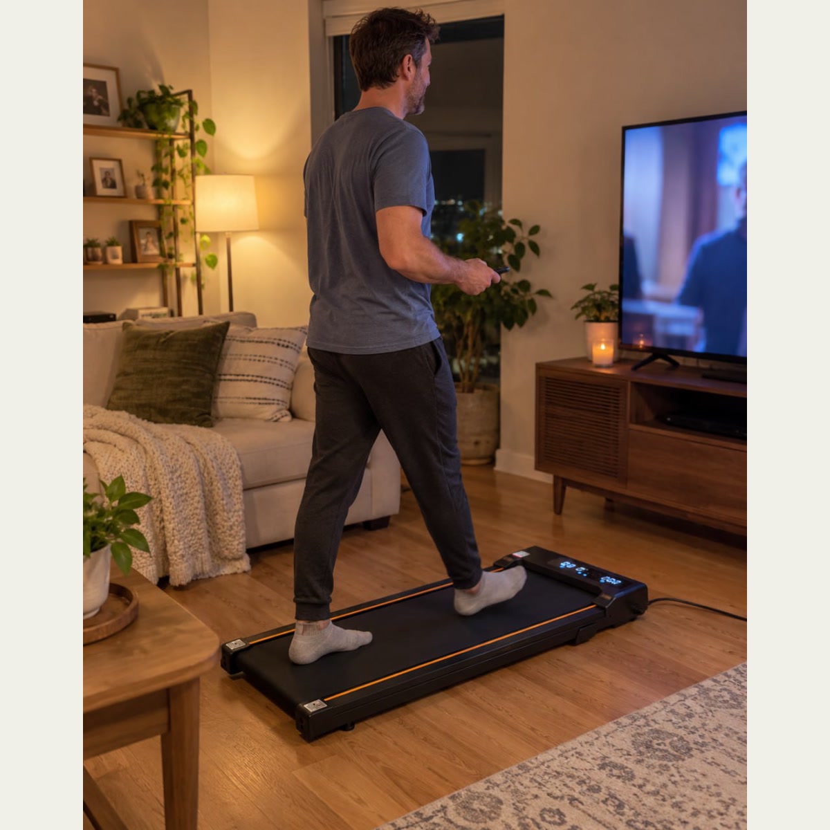 Man walking on StepFlow in a living room while watching television