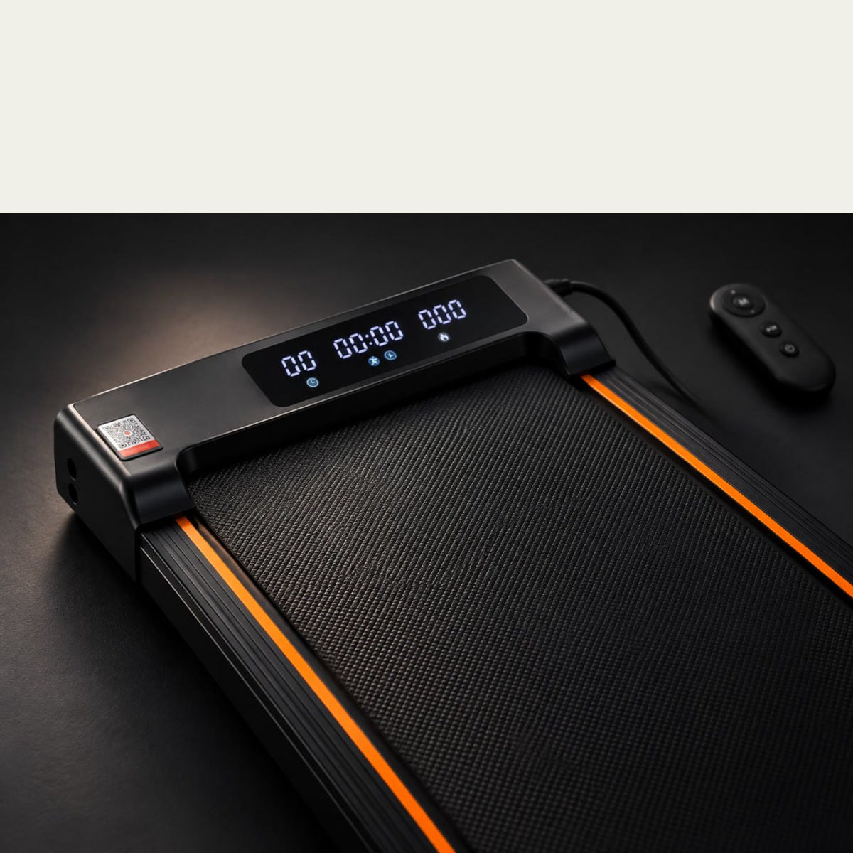 Close detail of StepFlow LED display, walking belt and remote control