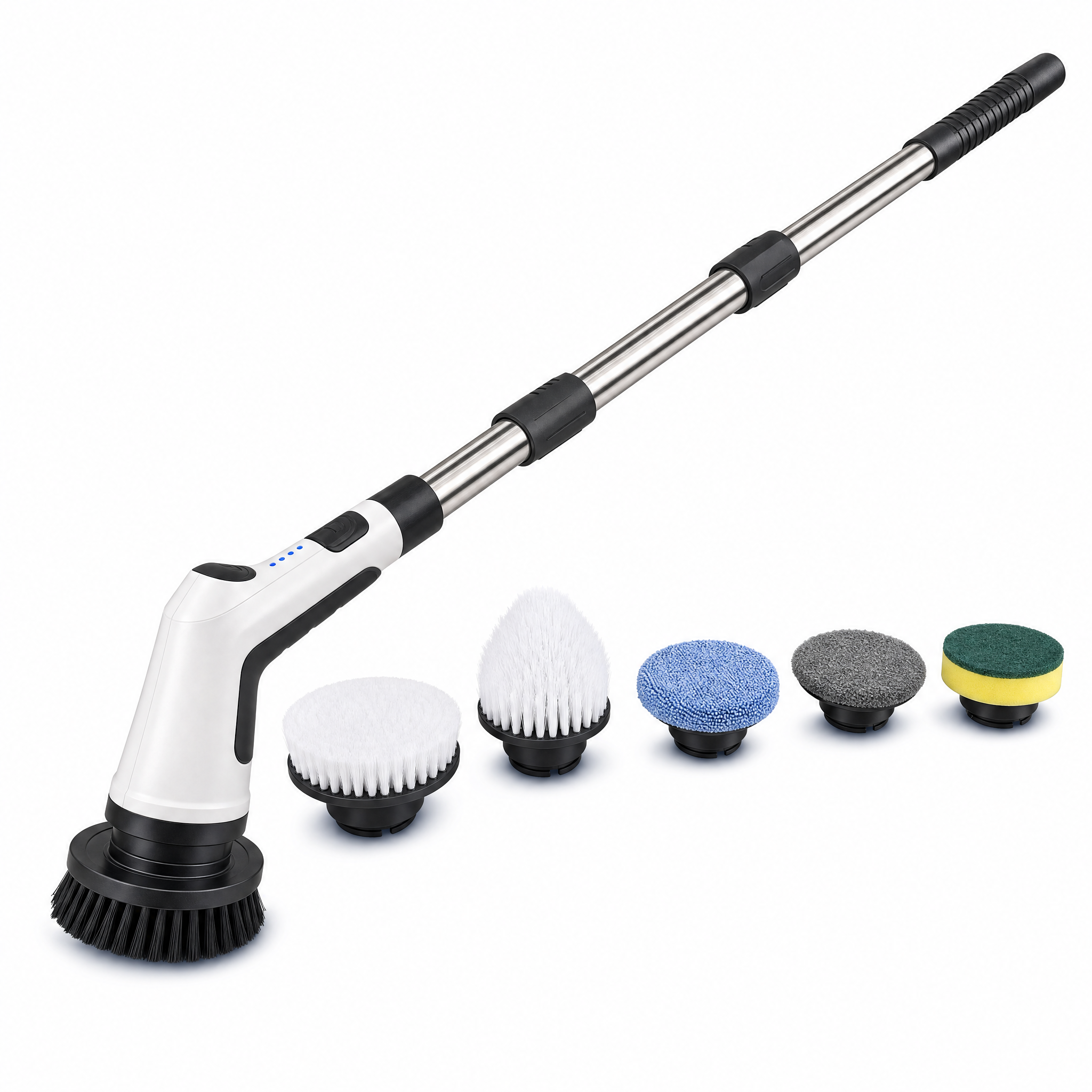 ZAVERONA FlexClean cordless electric spin scrubber with its cleaning heads