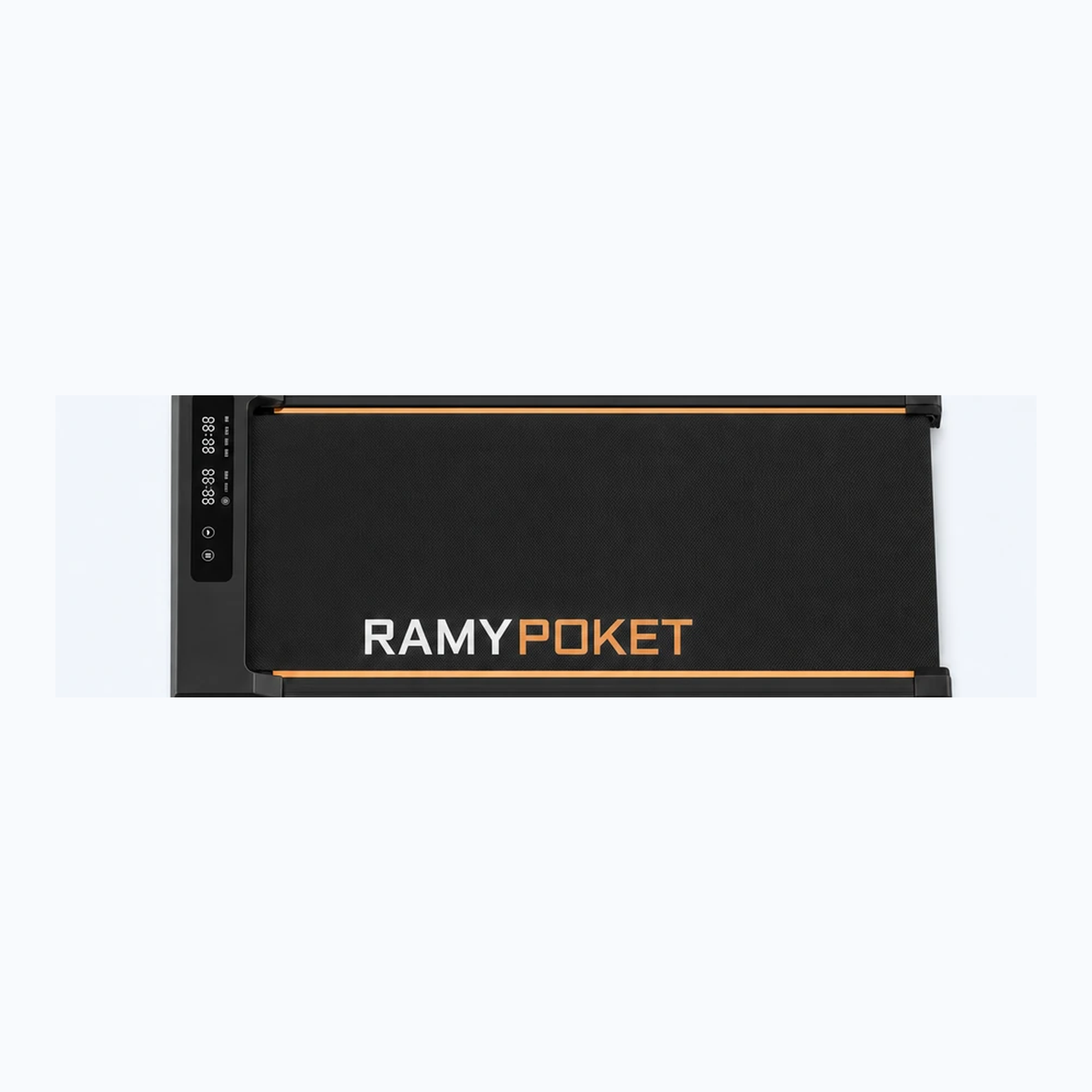 RAMYPOKET StepFlow walking pad showing its black body, LED display and orange belt accents